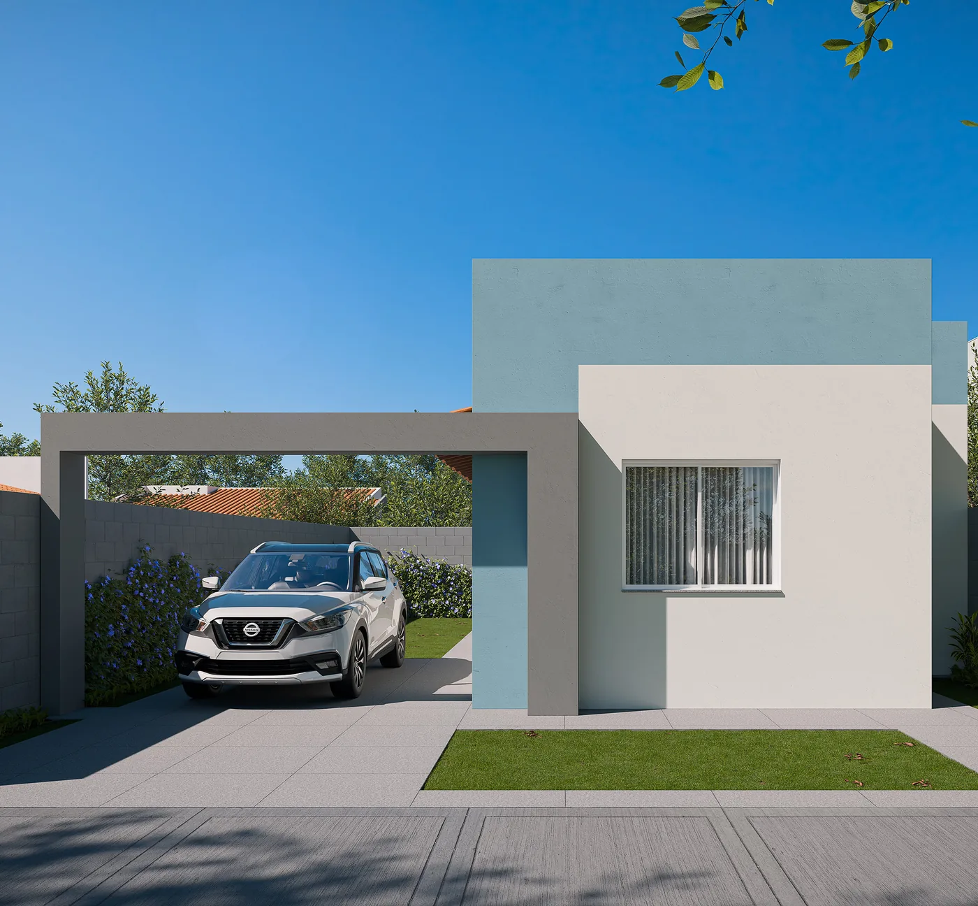 Casa modelo Athenas das Casas Terraliz Mandaguaçu com fachada azul e pórtico de garagem