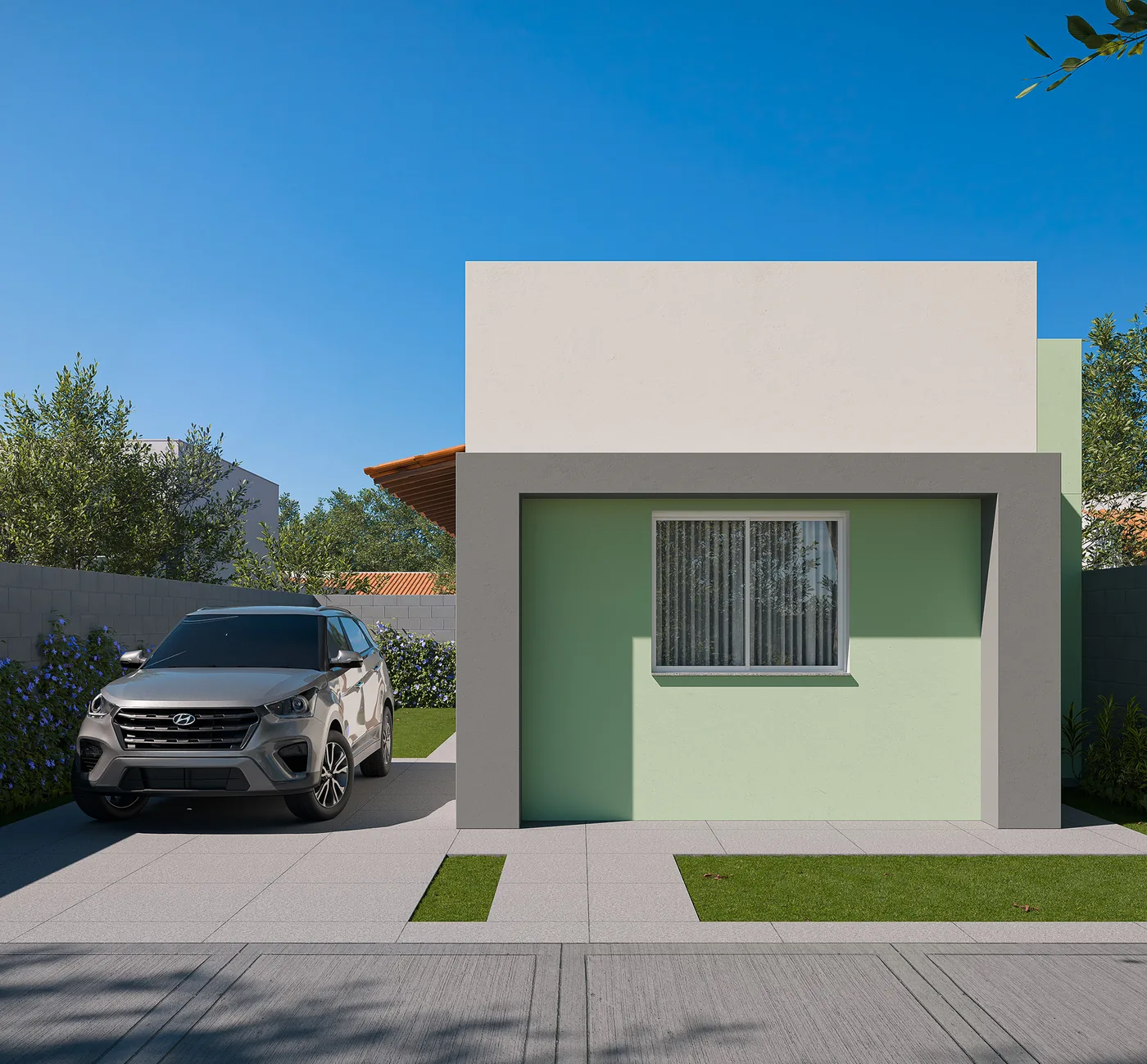 Fachada do modelo Roma das Casas Terraliz Mandaguaçu, casa térrea verde com garagem