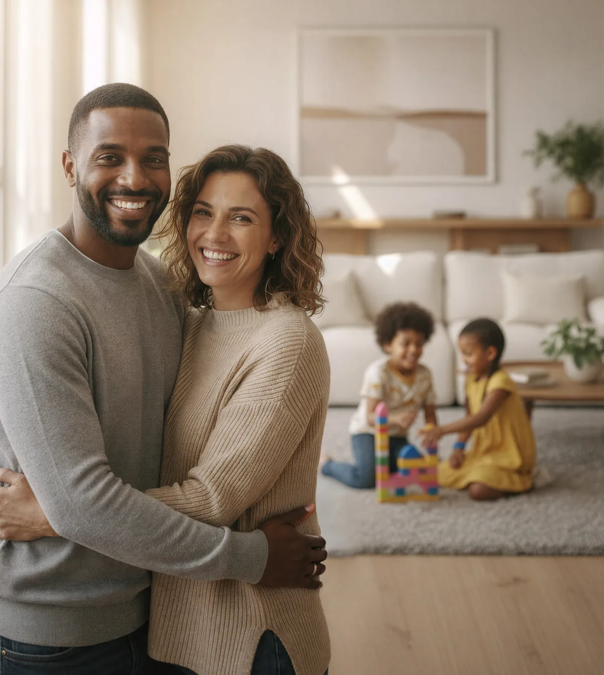 Família feliz na sala de estar representando a conquista da casa própria nas Casas Terraliz Mandaguaçu