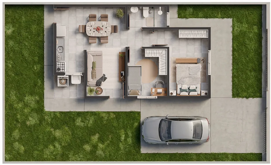 Implantação da casa Athenas no lote de 160,09 m² do Terraliz Mandaguaçu com quintal lateral