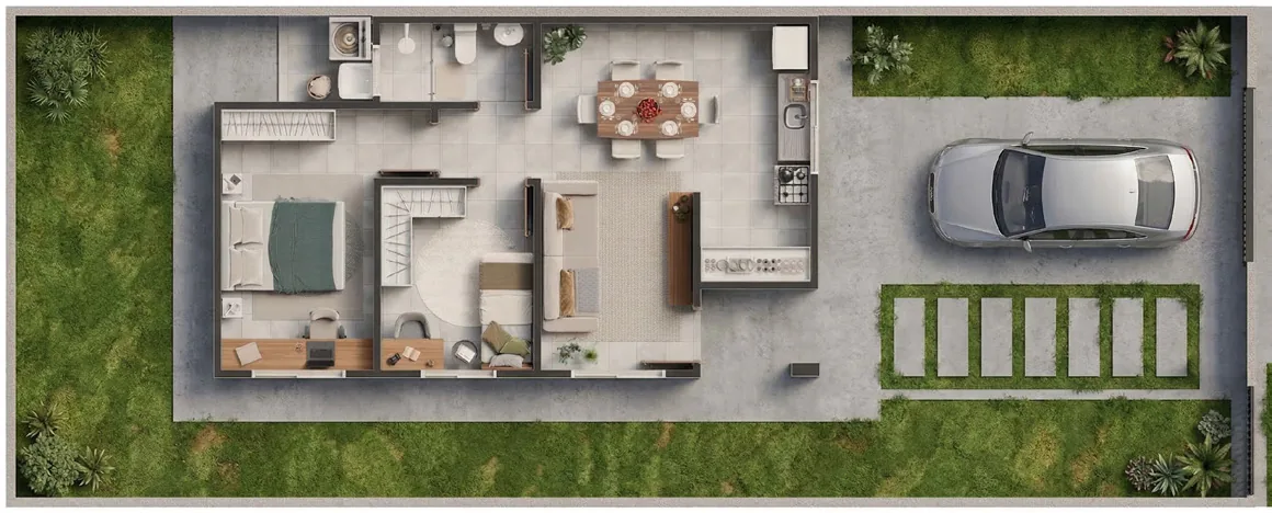 Implantação da casa Paris no lote de 160 m² do Terraliz Mandaguaçu, com quintal e garagem
