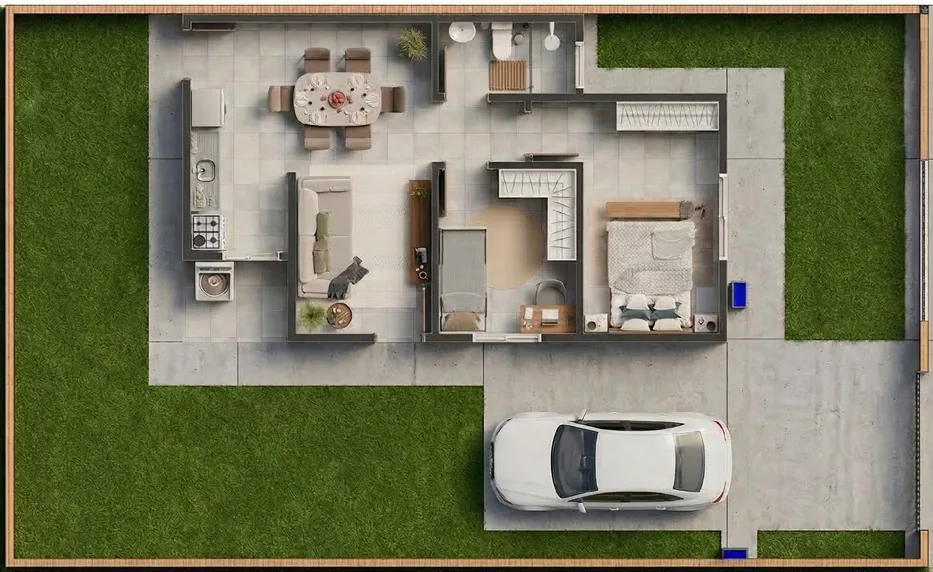 Implantação da casa Roma no lote de 160,09 m² do Terraliz Mandaguaçu com quintal lateral