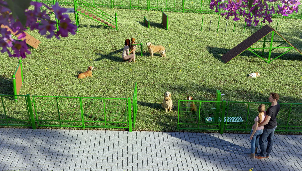 Espaço pet cercado com cães brincando no Loteamento Terraliz Mandaguaçu