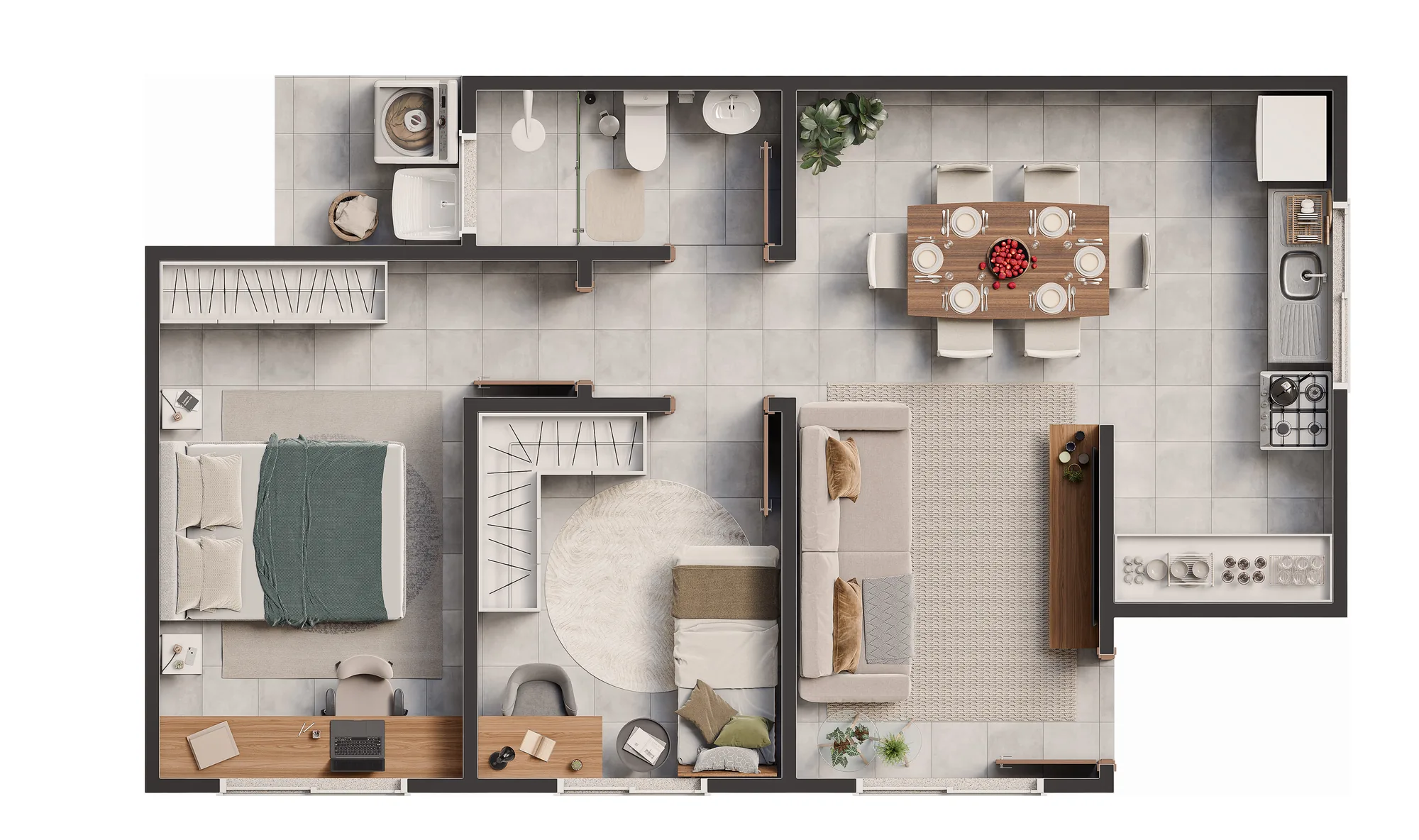 Planta humanizada das casas Madri e Paris do Terraliz Mandaguaçu com 48,44 m², 2 dormitórios, sala integrada, cozinha e lavanderia