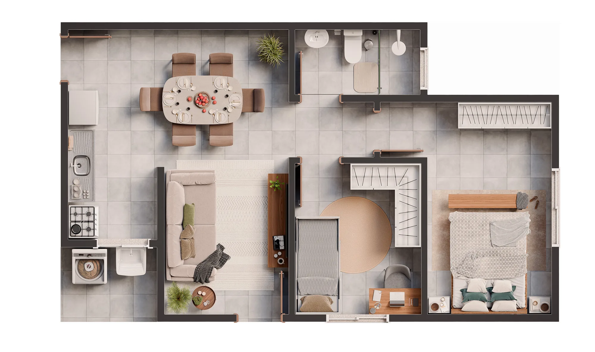 Planta humanizada das casas Roma e Athenas do Terraliz Mandaguaçu com 48,44 m², 2 dormitórios e sala ampla integrada