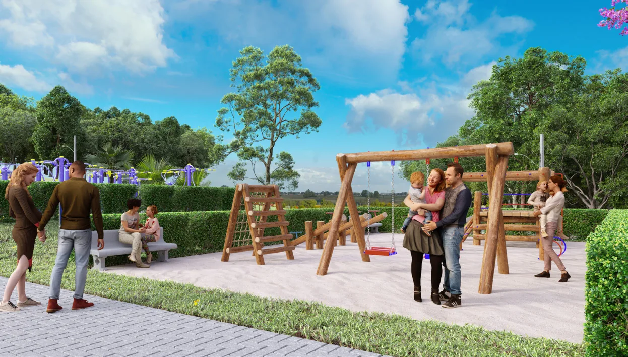 Playground infantil com balanços de madeira no Loteamento Terraliz Mandaguaçu