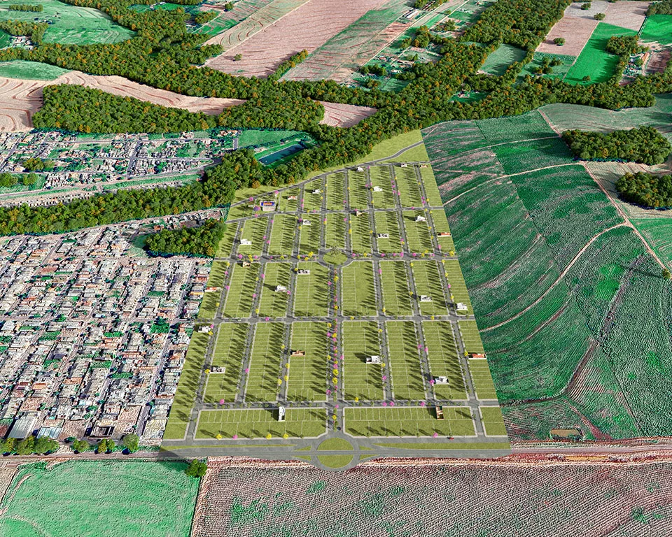Vista aérea da implantação do bairro planejado Terraliz junto à malha urbana de Mandaguaçu