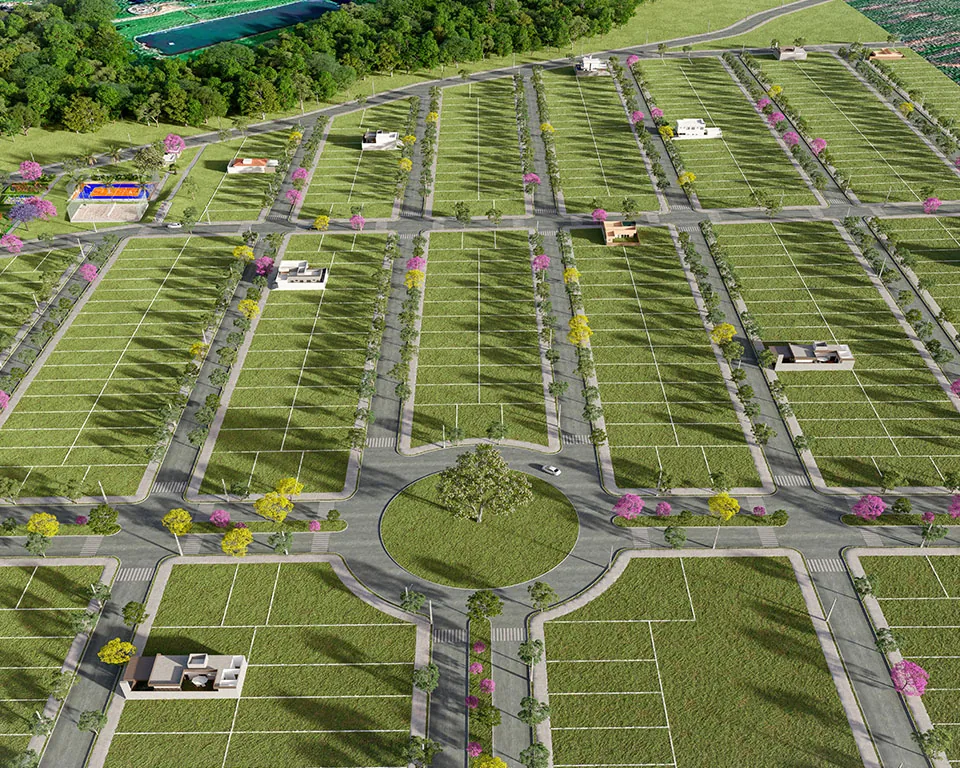 Vista aérea das quadras, rotatória e lotes do Loteamento Terraliz, bairro planejado em Mandaguaçu – PR