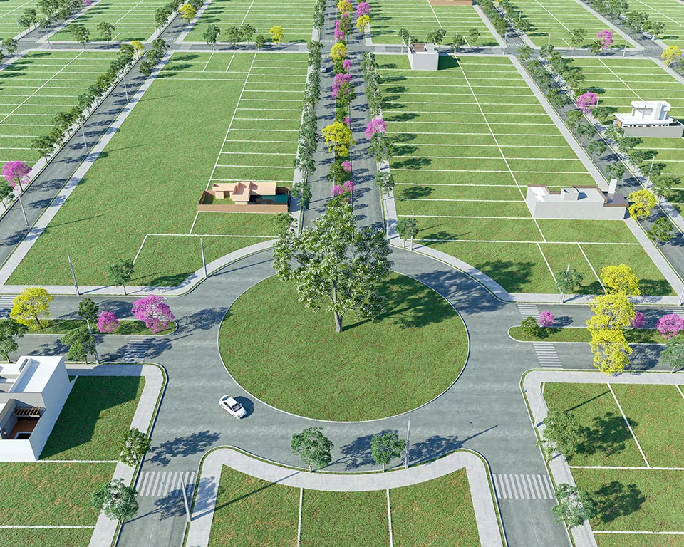 Rotatória central e avenidas arborizadas do Loteamento Terraliz em Mandaguaçu
