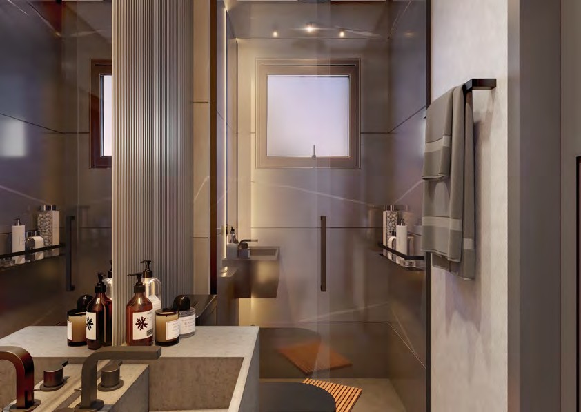 Banheiro da suíte do Célis Park com acabamento hoteleiro