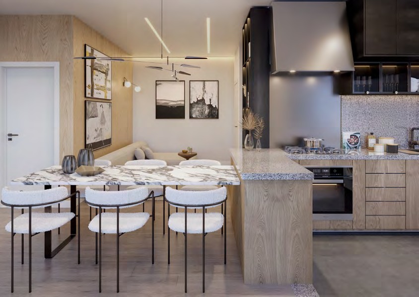 Cozinha integrada à sala do Célis Park com acabamento sofisticado