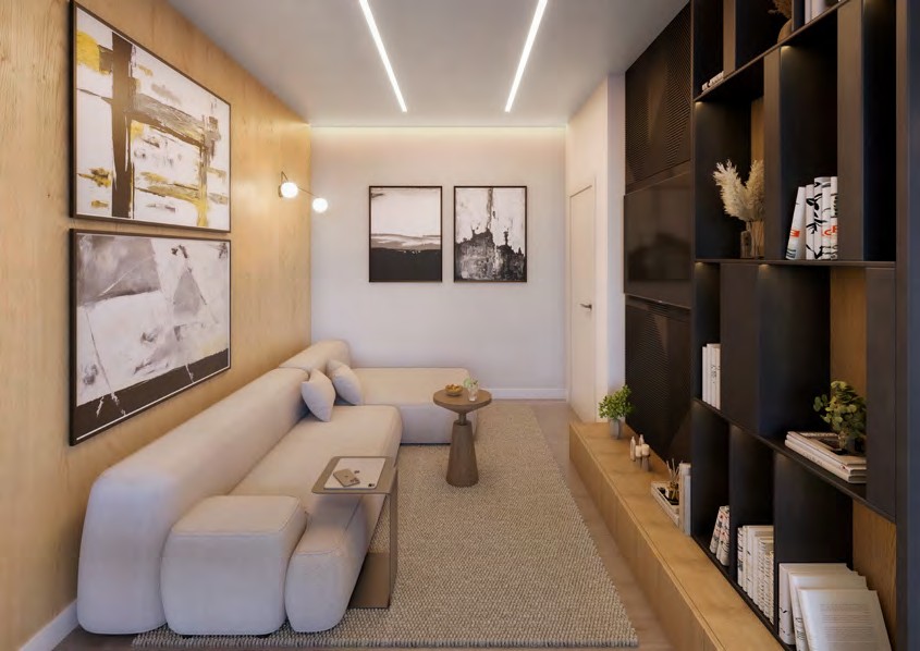 Sala de estar do Célis Park com design contemporâneo