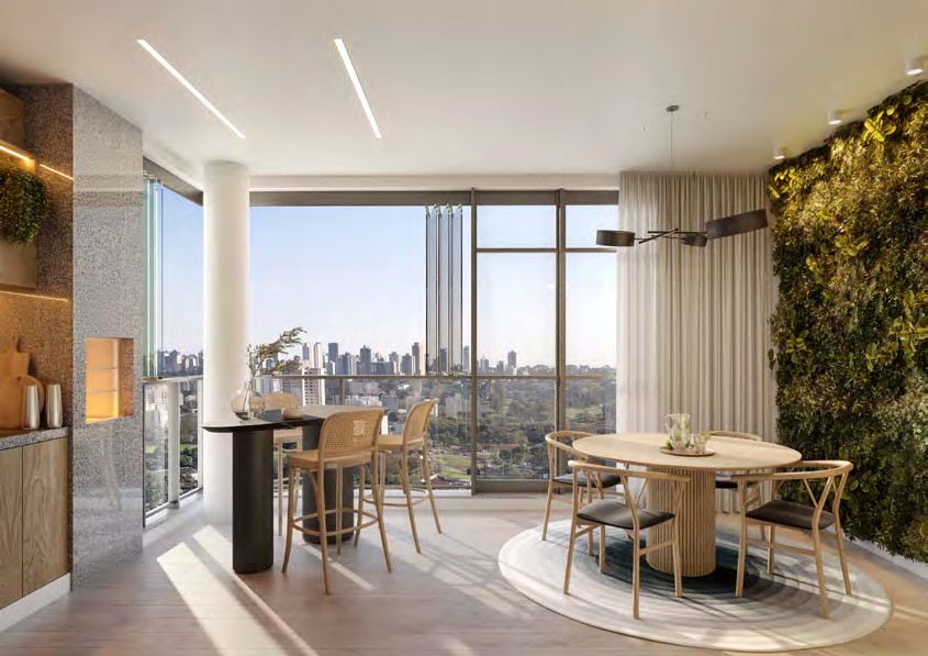 Sala do Célis Park com janela panorâmica e jardim vertical