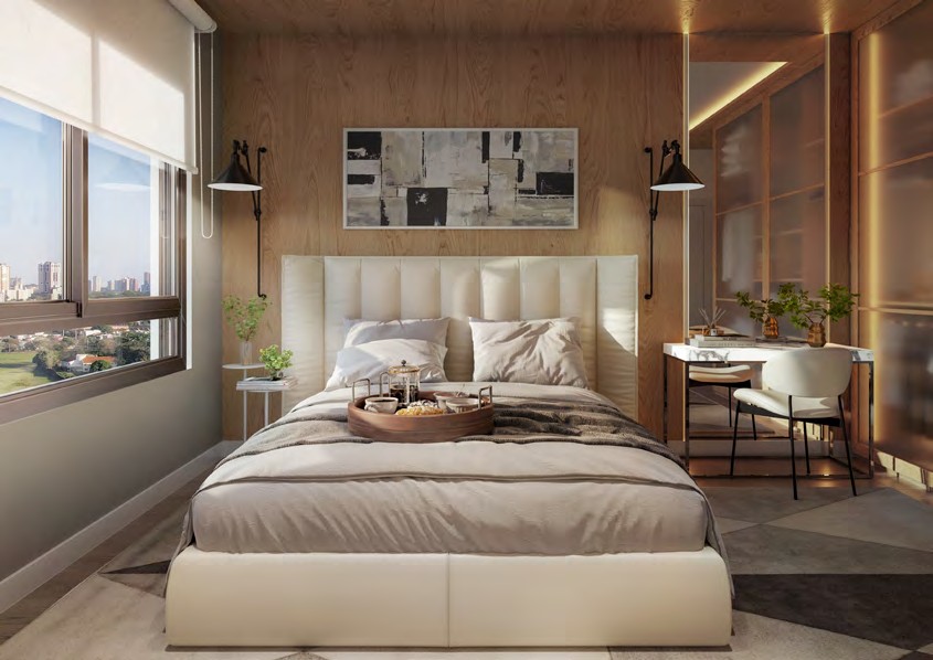 Suíte master do Célis Park com vista para Maringá e acabamento premium