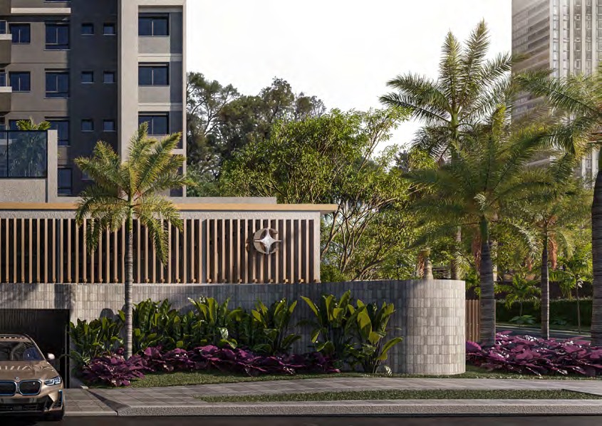 Entrada principal do Célis Park com paisagismo