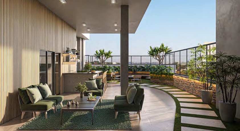 Lounge Bar com firepit no rooftop do Célis Park com vista para Maringá