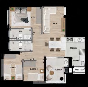 Planta Finais 01 e 02 padrão — suíte + 2 quartos Célis Park