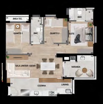 Planta Finais 03 e 04 padrão — suíte + 2 quartos Célis Park