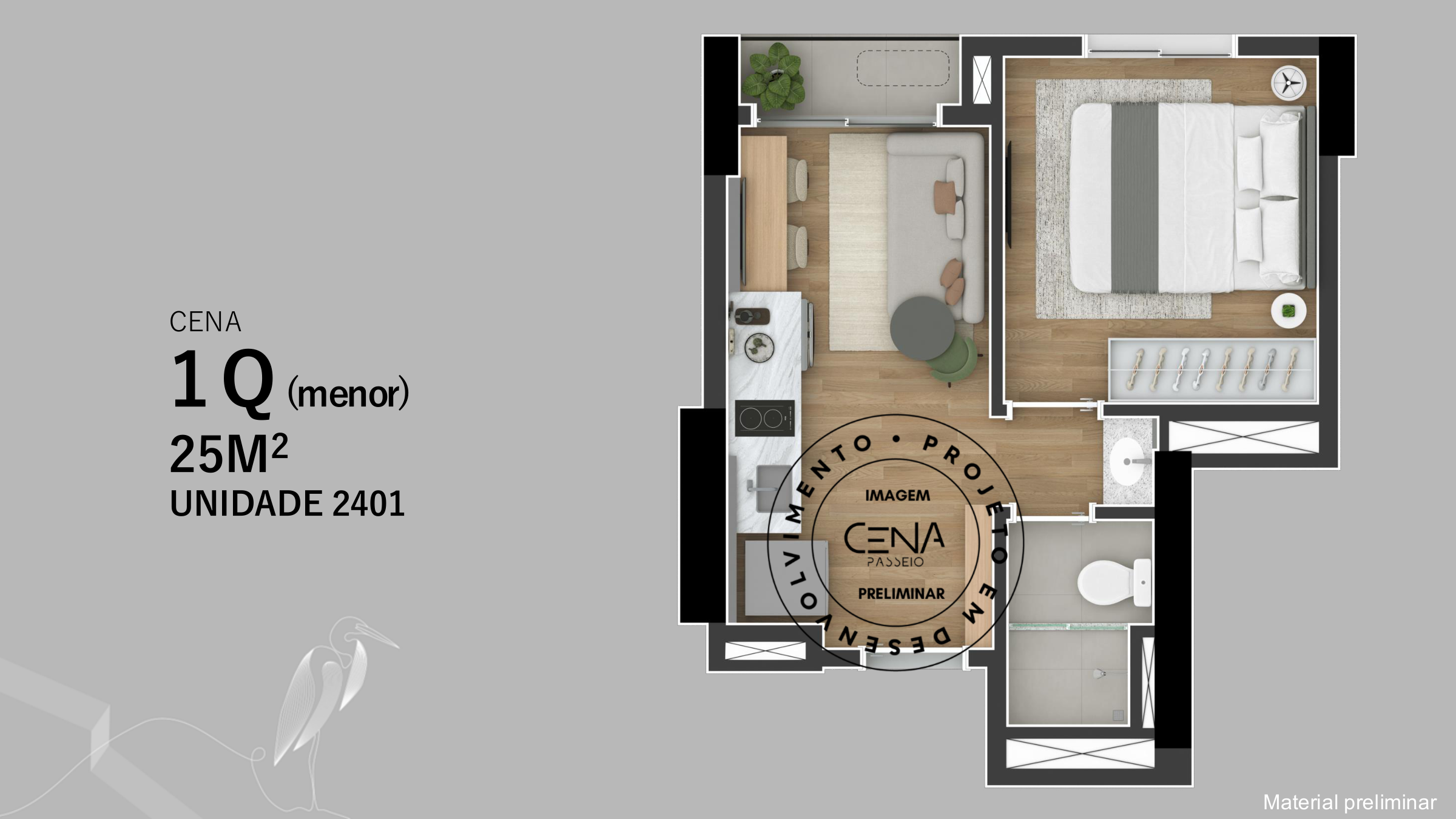 Planta baixa 1 quarto 25m² CENA Passeio Público Curitiba unidade 2401