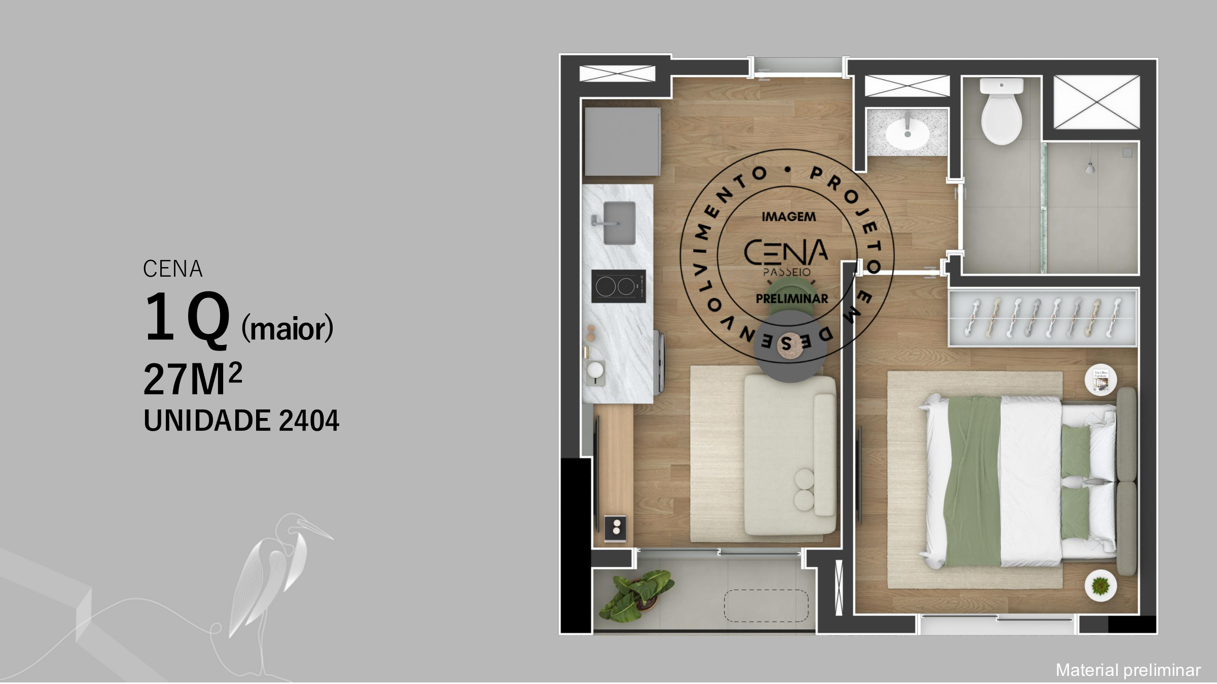 Planta baixa 1 quarto 27m² CENA Passeio Público Curitiba unidade 2404