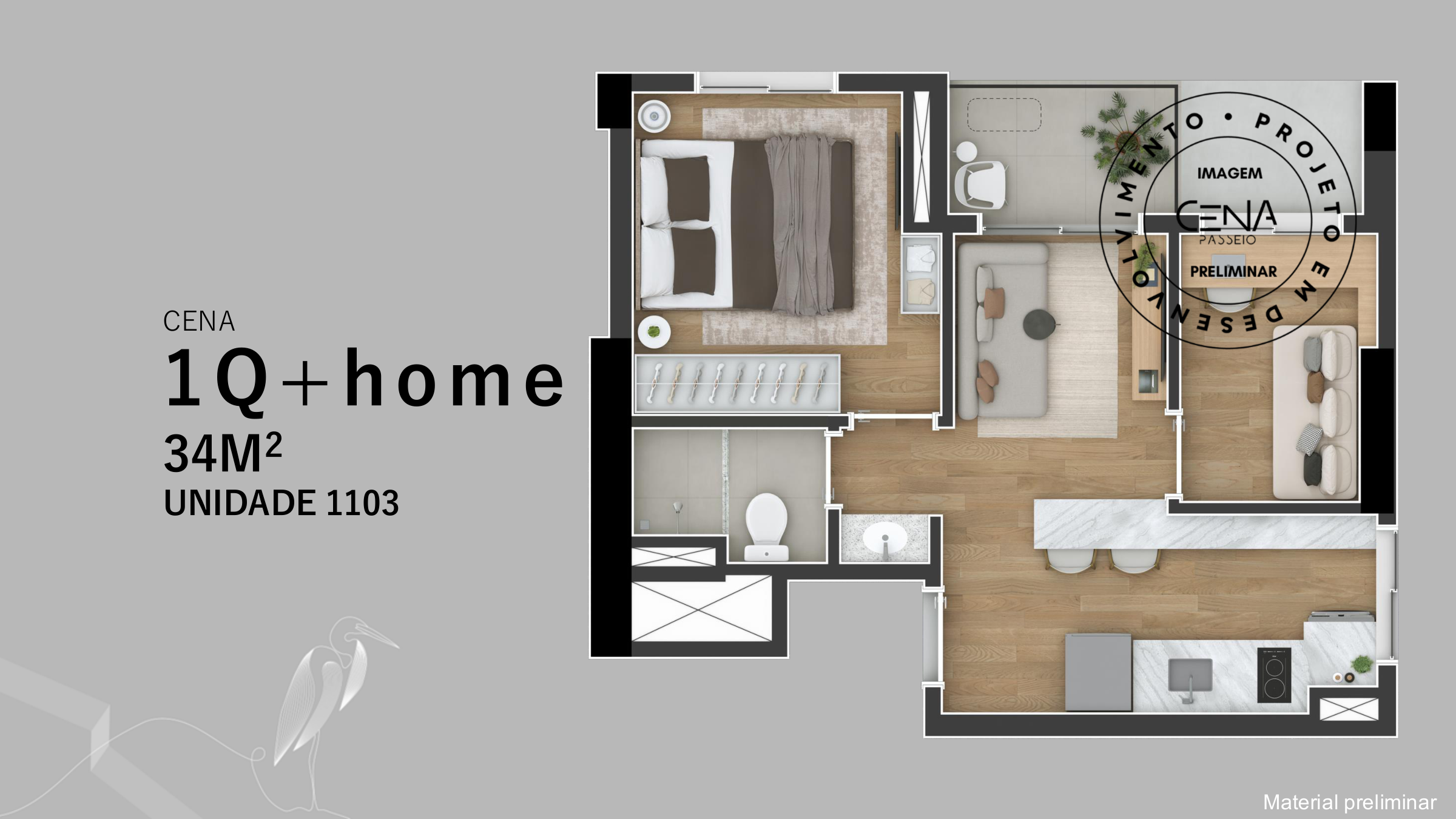 Planta baixa 1 quarto mais home office 34m² CENA Curitiba unidade 1103