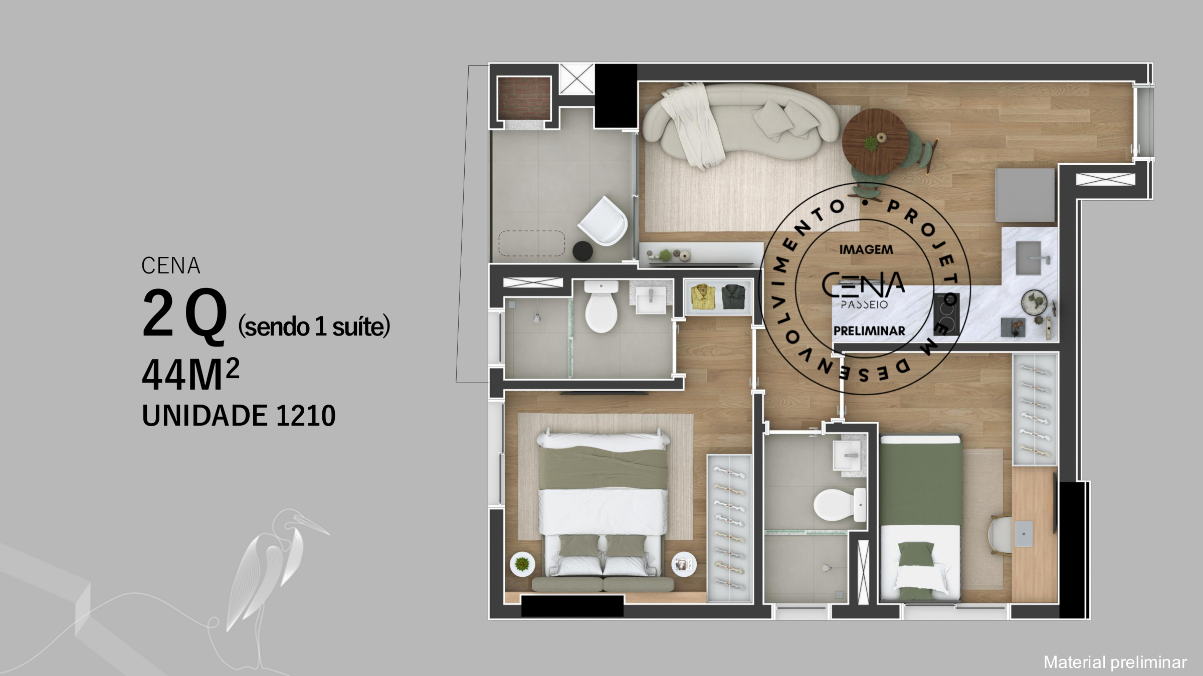 Planta baixa 2 quartos com suíte 44m² CENA Passeio Público Curitiba unidade 1210