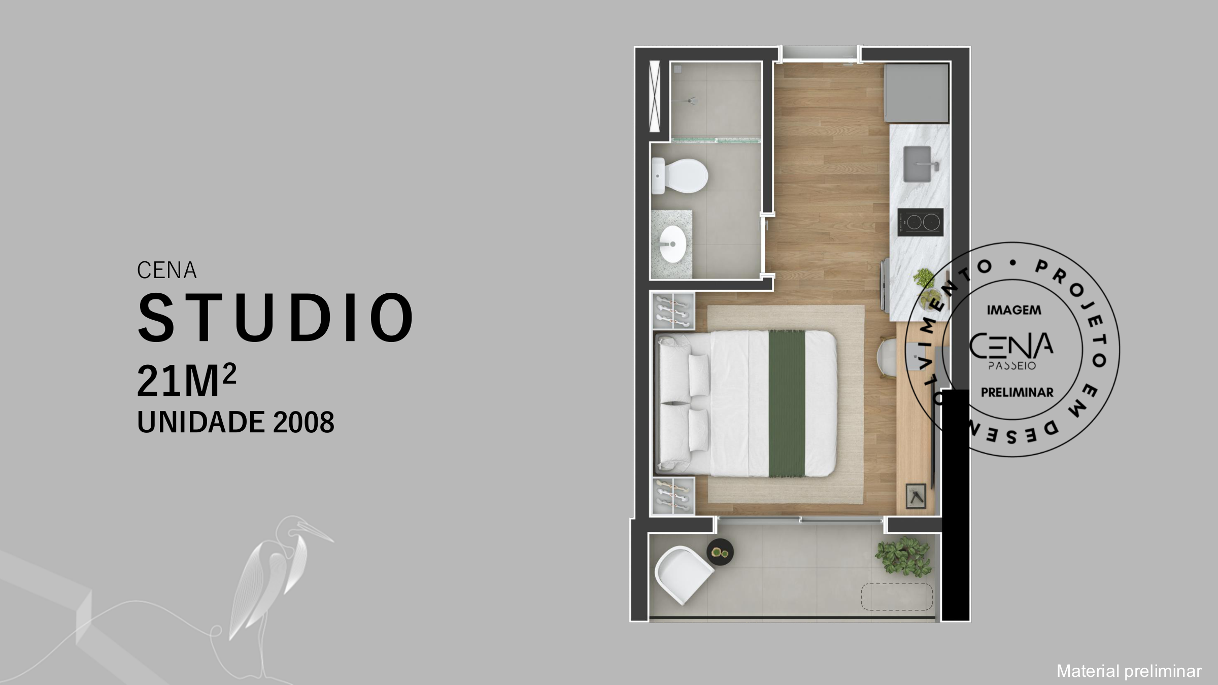 Planta baixa do studio de 21m² do CENA Passeio Público em Curitiba — unidade 2008