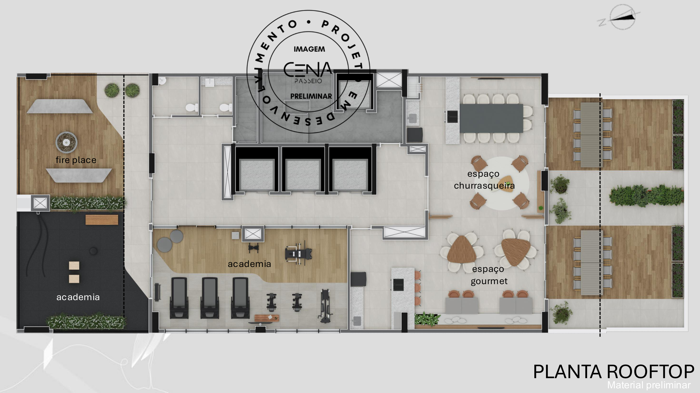 Planta do Rooftop CENA Passeio Público Curitiba com academia churrasqueira e gourmet