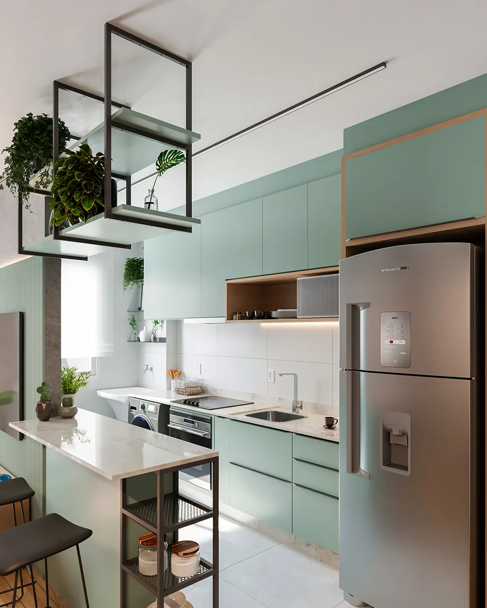 Cozinha planejada decorada do apartamento Cittrino com geladeira inox