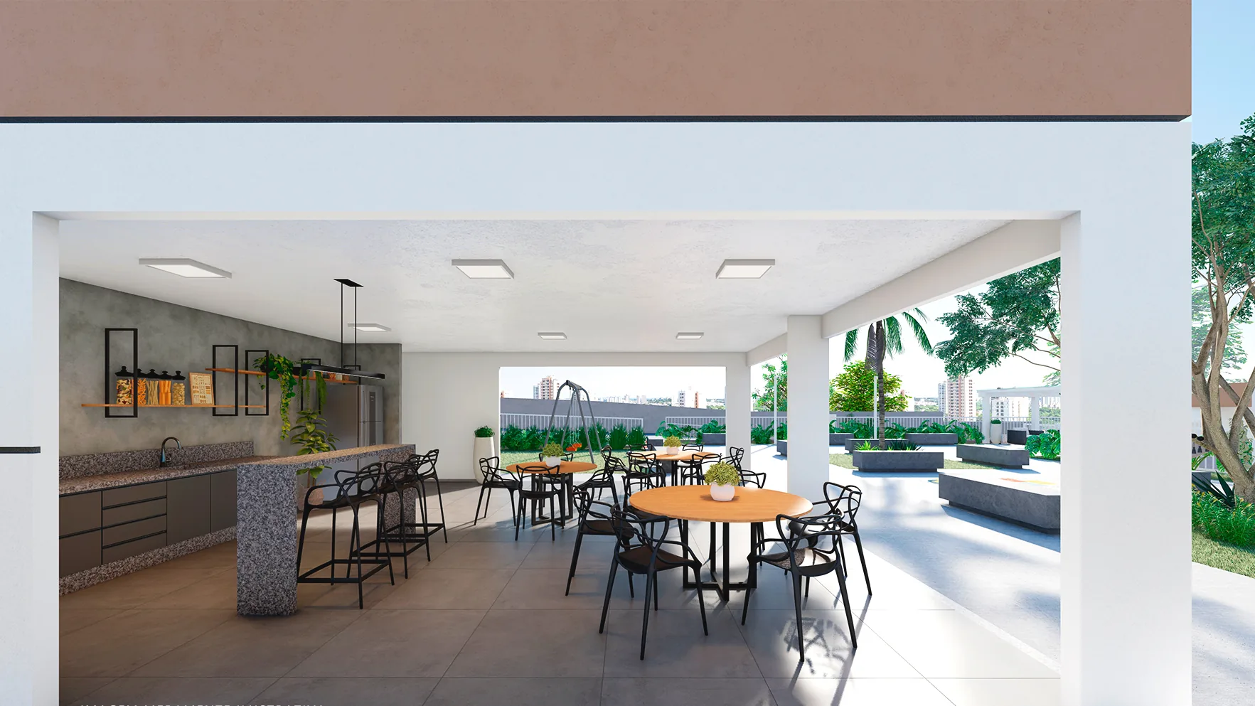 Espaço gourmet coberto e integrado à área externa do Residencial Cittrino
