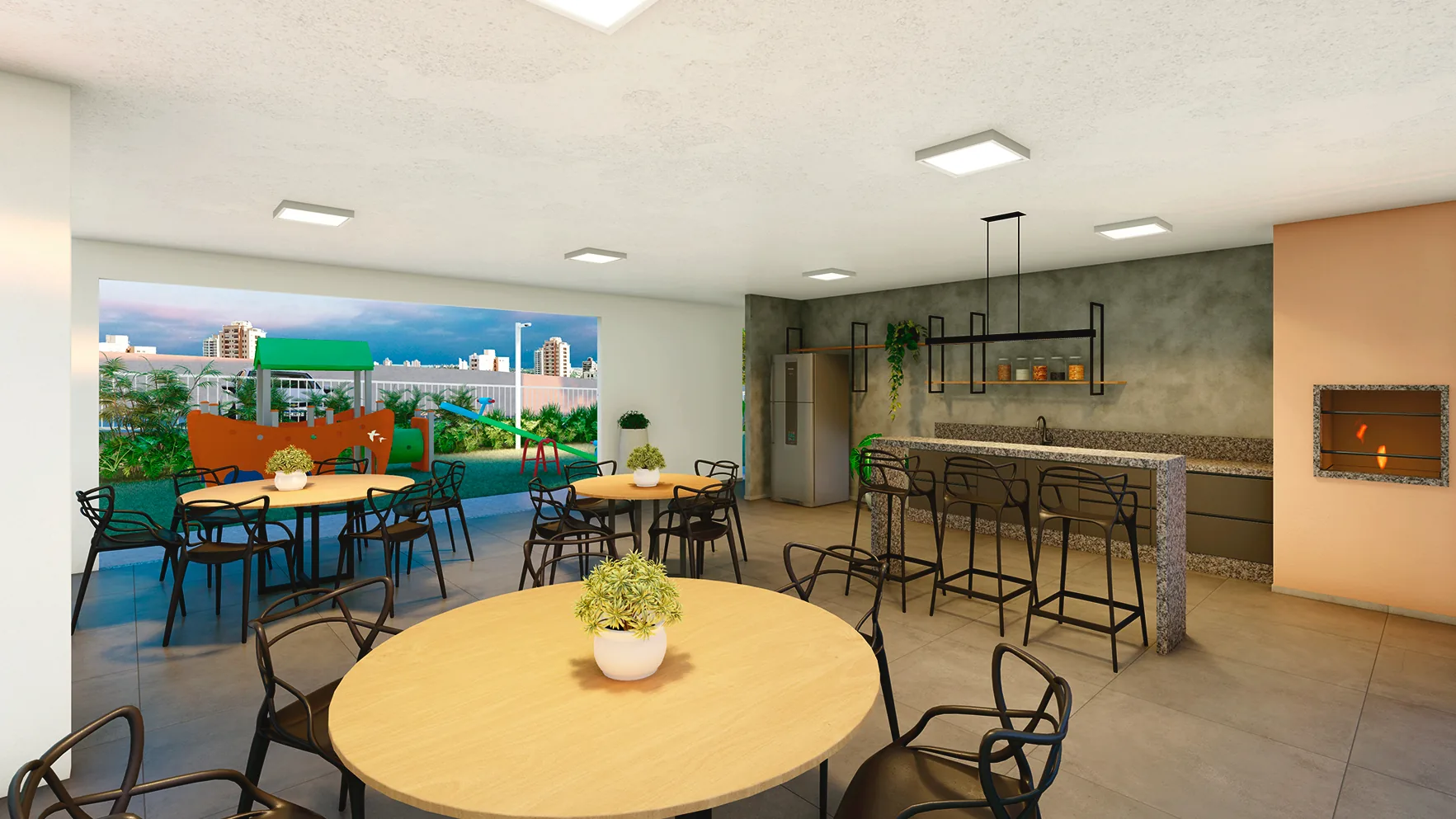 Segundo ângulo do espaço gourmet do Residencial Cittrino com bancada e churrasqueira