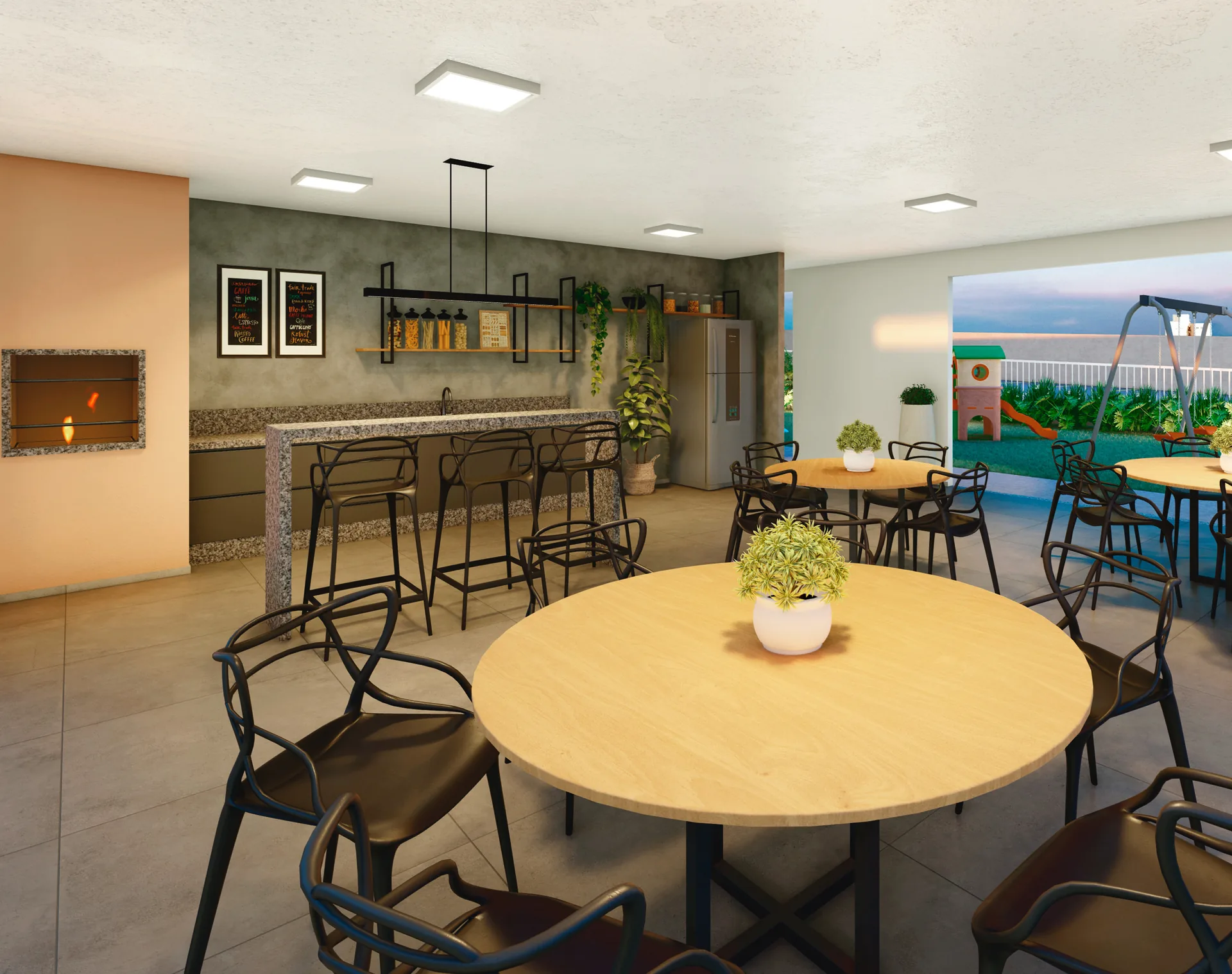 Espaço gourmet com churrasqueira e mesas do Residencial Cittrino