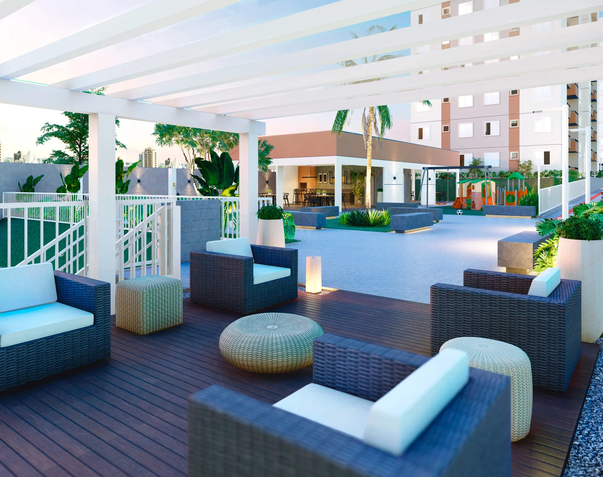 Espaço zen com pergolado e poltronas no Residencial Cittrino