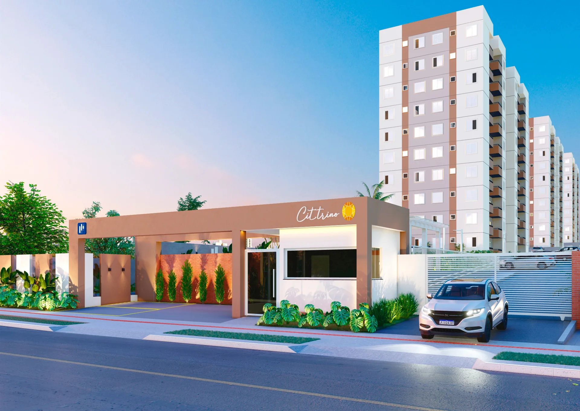 Fachada do Residencial Cittrino em Maringá com guarita, portaria e torres residenciais da VLP3 Engenharia