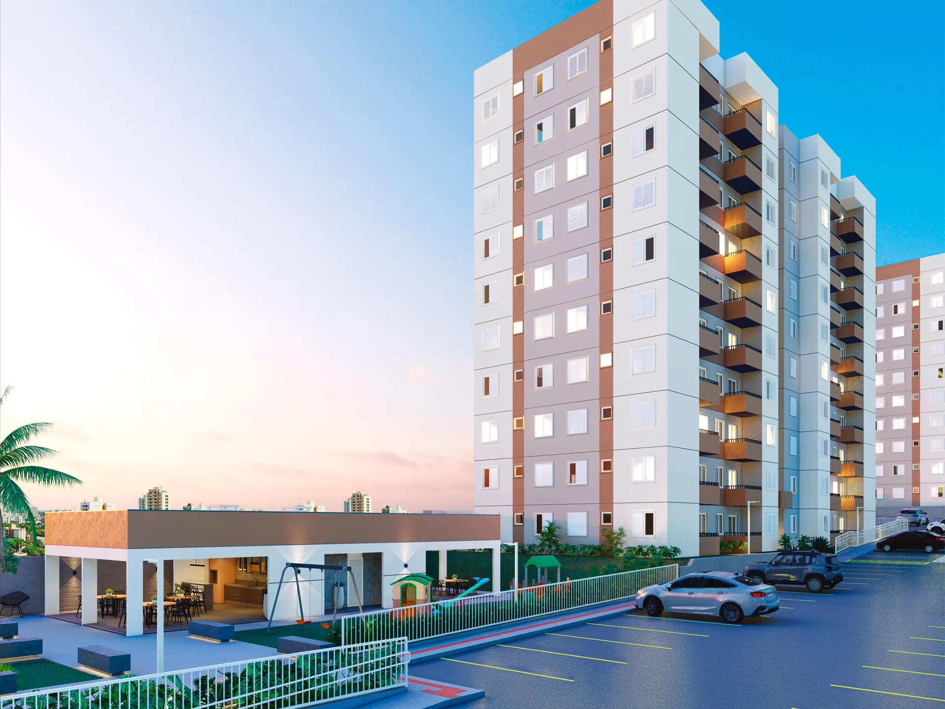Perspectiva das torres do Residencial Cittrino Maringá com estacionamento e área de lazer