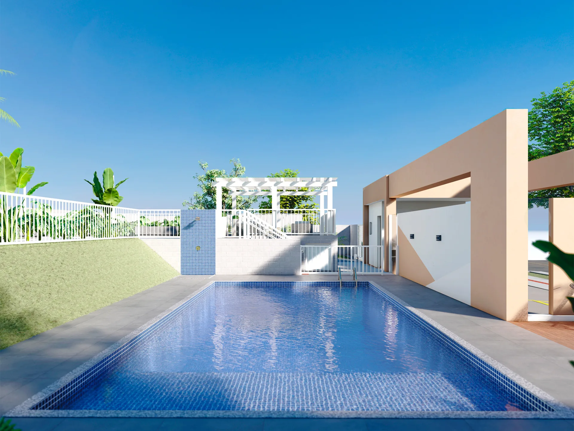 Vista da piscina e do pergolado do espaço zen no Cittrino