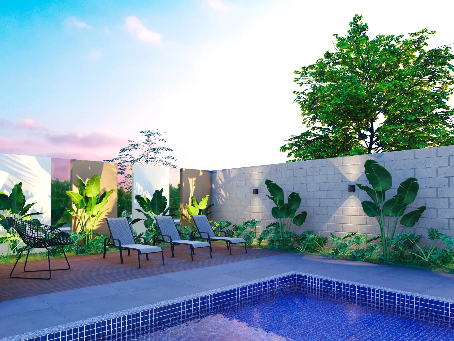 Piscina iluminada ao entardecer com espreguiçadeiras no Cittrino