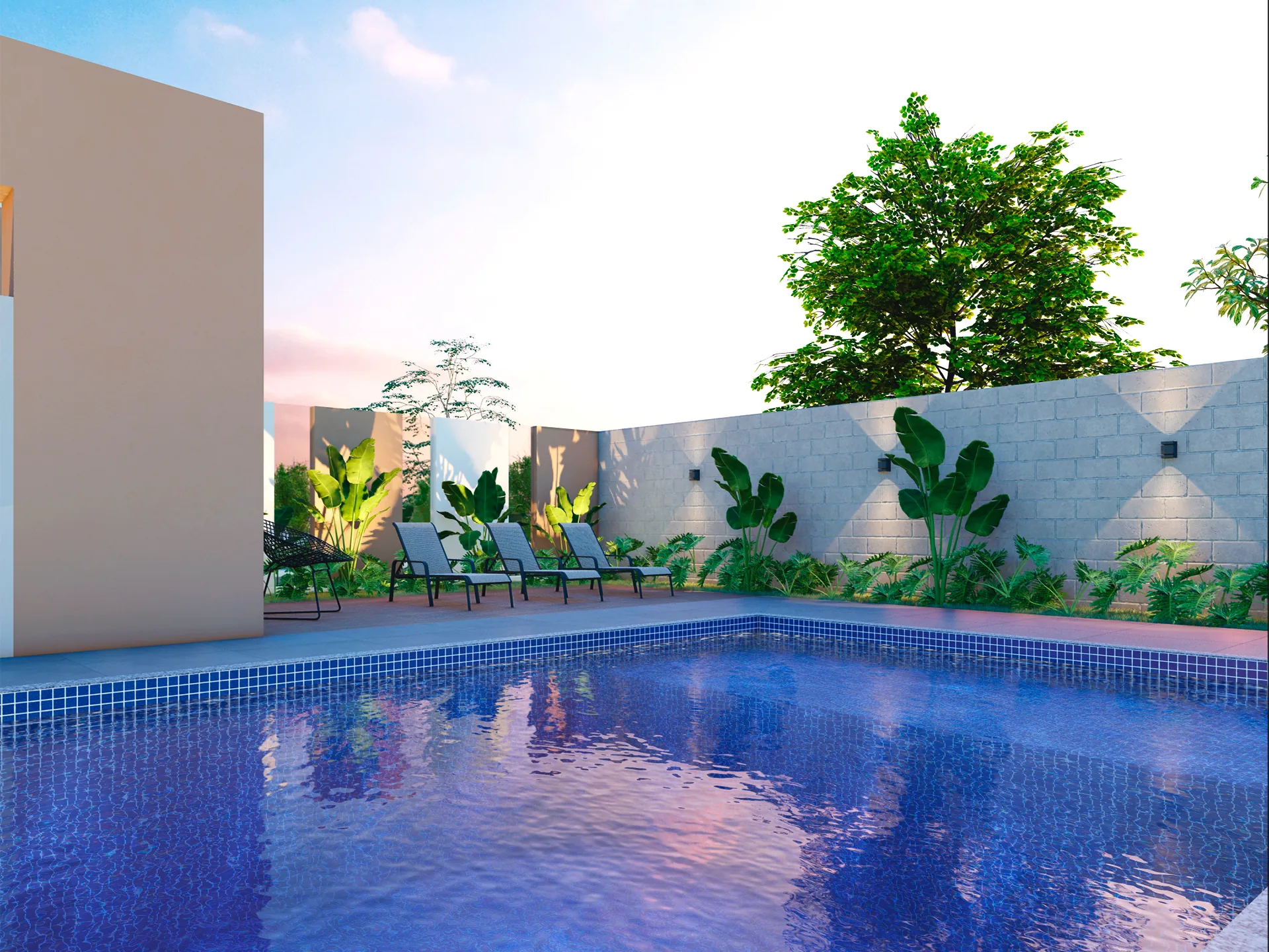 Piscina com paisagismo tropical no condomínio Cittrino Maringá