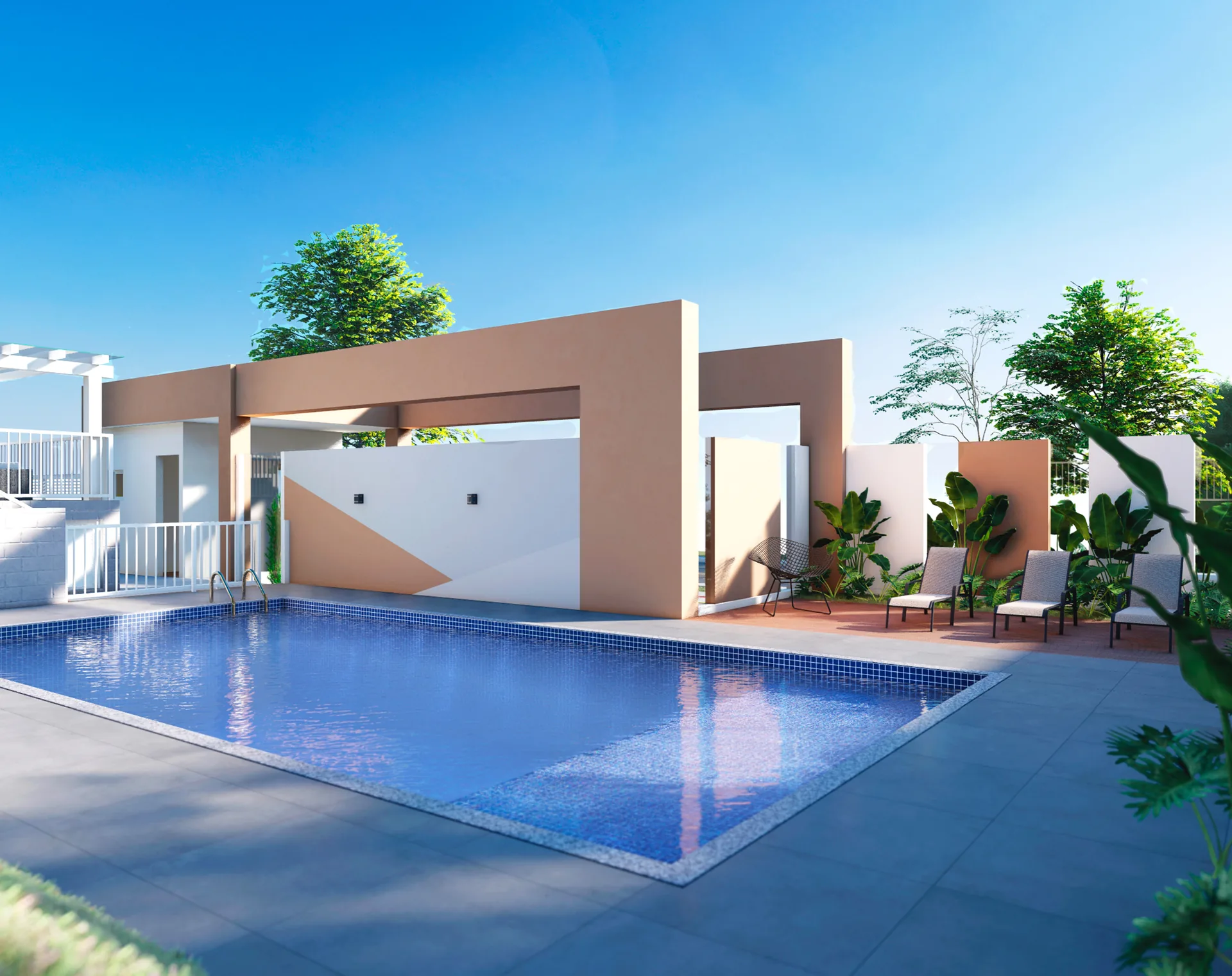 Piscina do Residencial Cittrino Maringá com deck e paisagismo