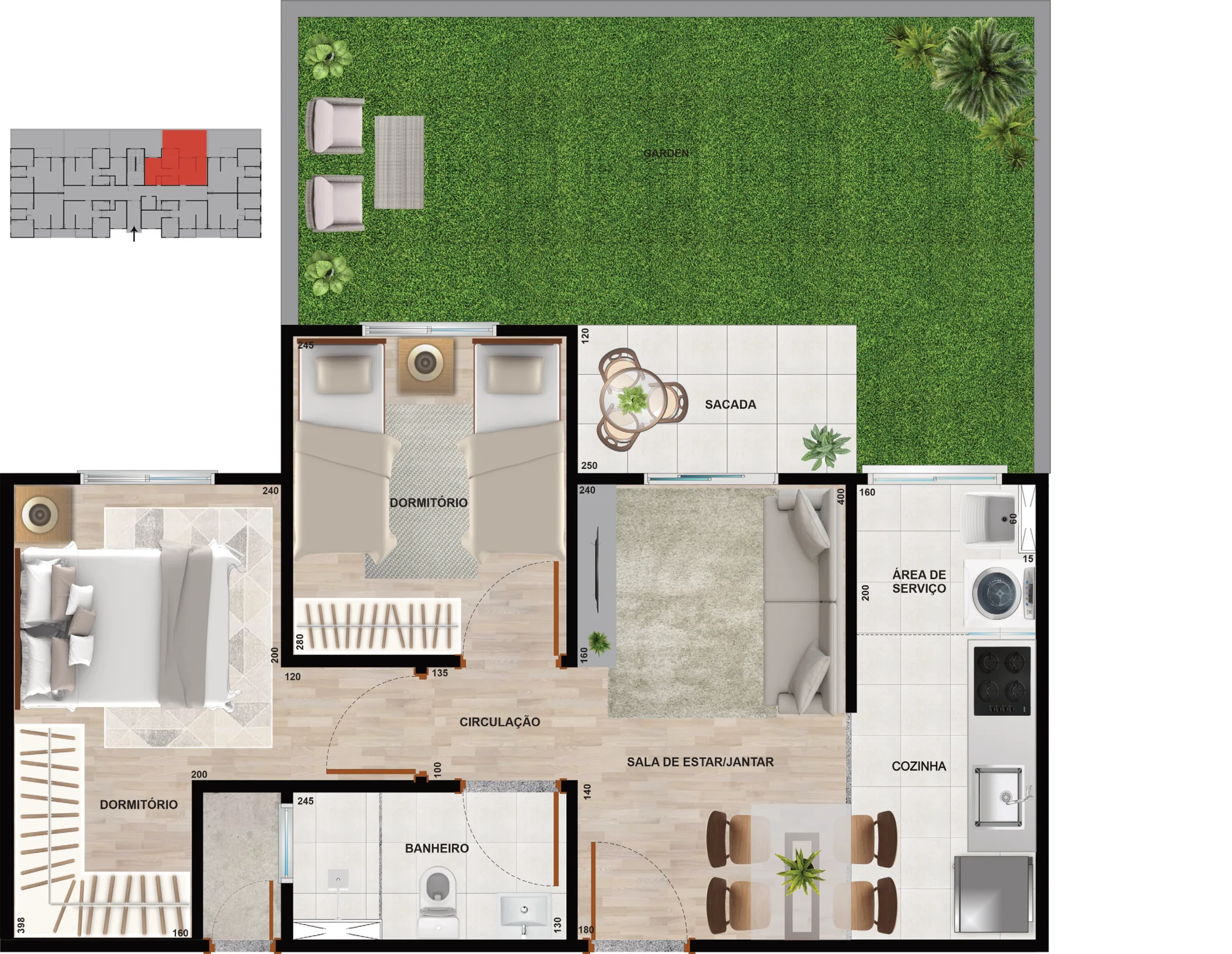 Planta baixa Garden do Residencial Cittrino Maringá, 66,27 m², 2 quartos, sacada e jardim privativo
