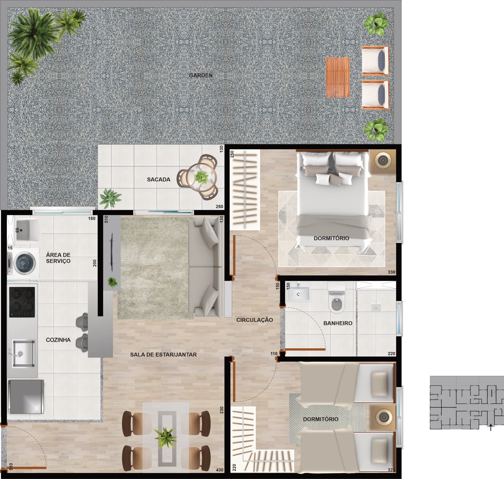 Planta baixa Garden do Residencial Cittrino, 73,83 m², 2 dormitórios, sala integrada, sacada e garden