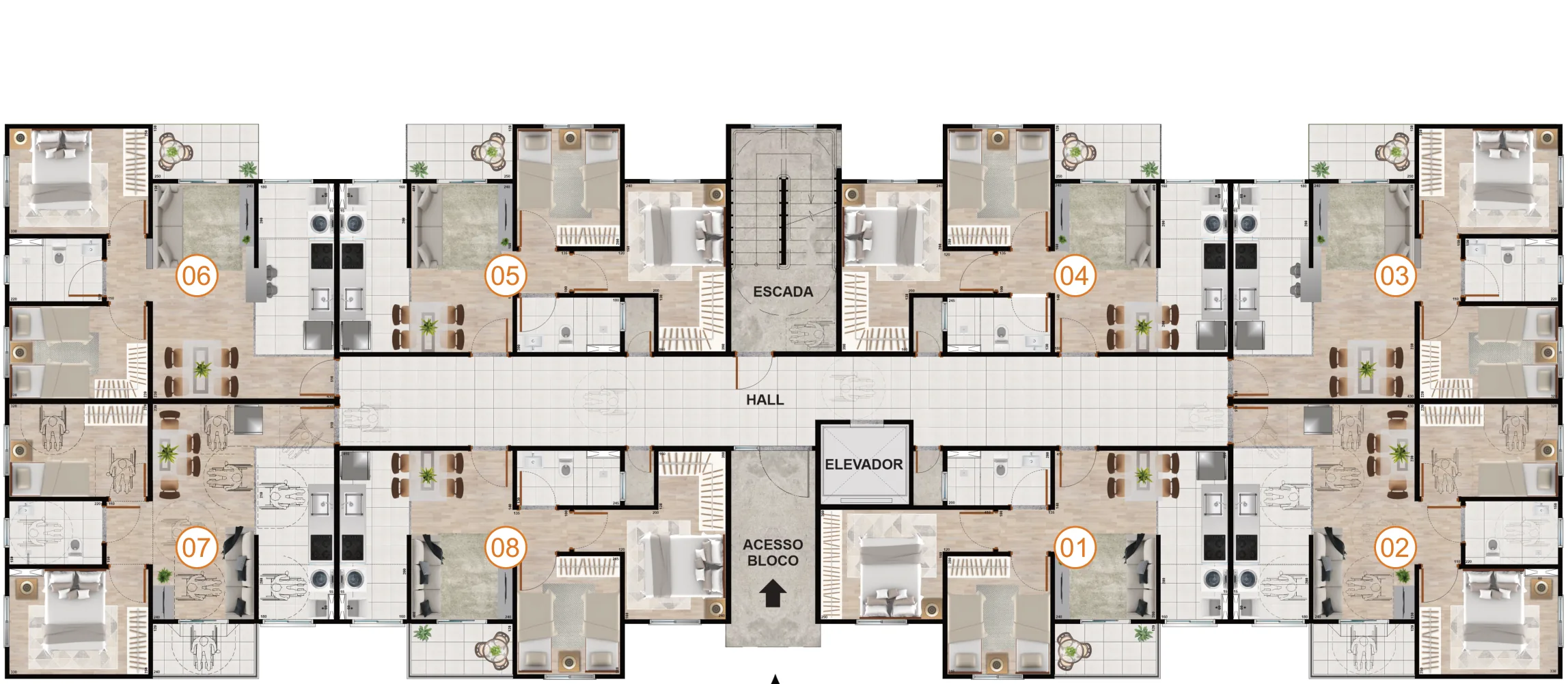 Planta do pavimento tipo do Residencial Cittrino com 8 apartamentos por andar, hall, escada e elevador