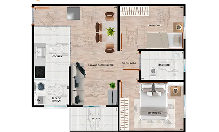 Planta baixa PNE acessível do Residencial Cittrino, 49,01 m², 2 quartos e banheiro adaptado