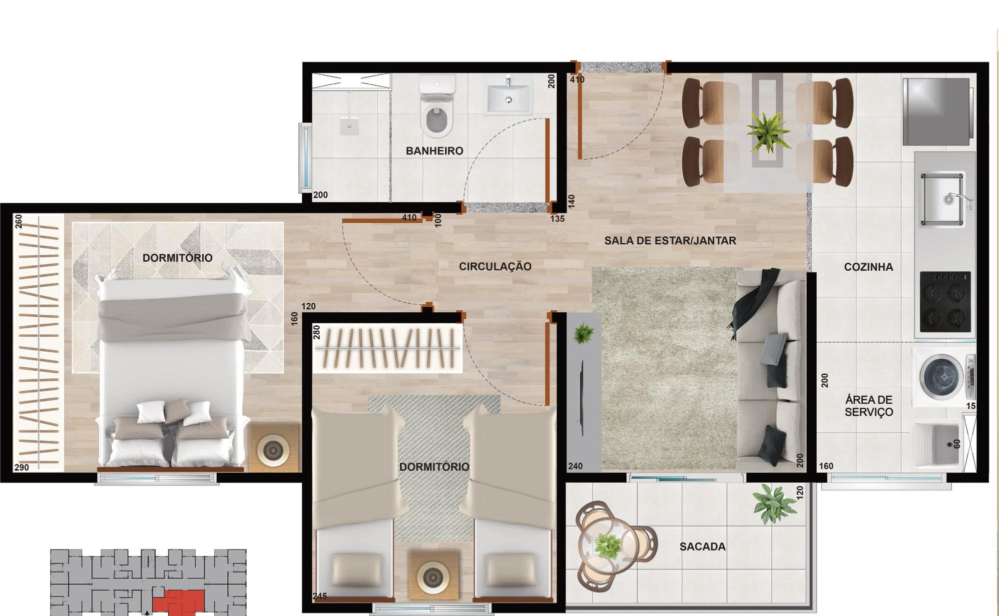 Planta baixa Tipo A do Residencial Cittrino Maringá, 43,60 m², 2 quartos, sala integrada, cozinha, área de serviço e sacada