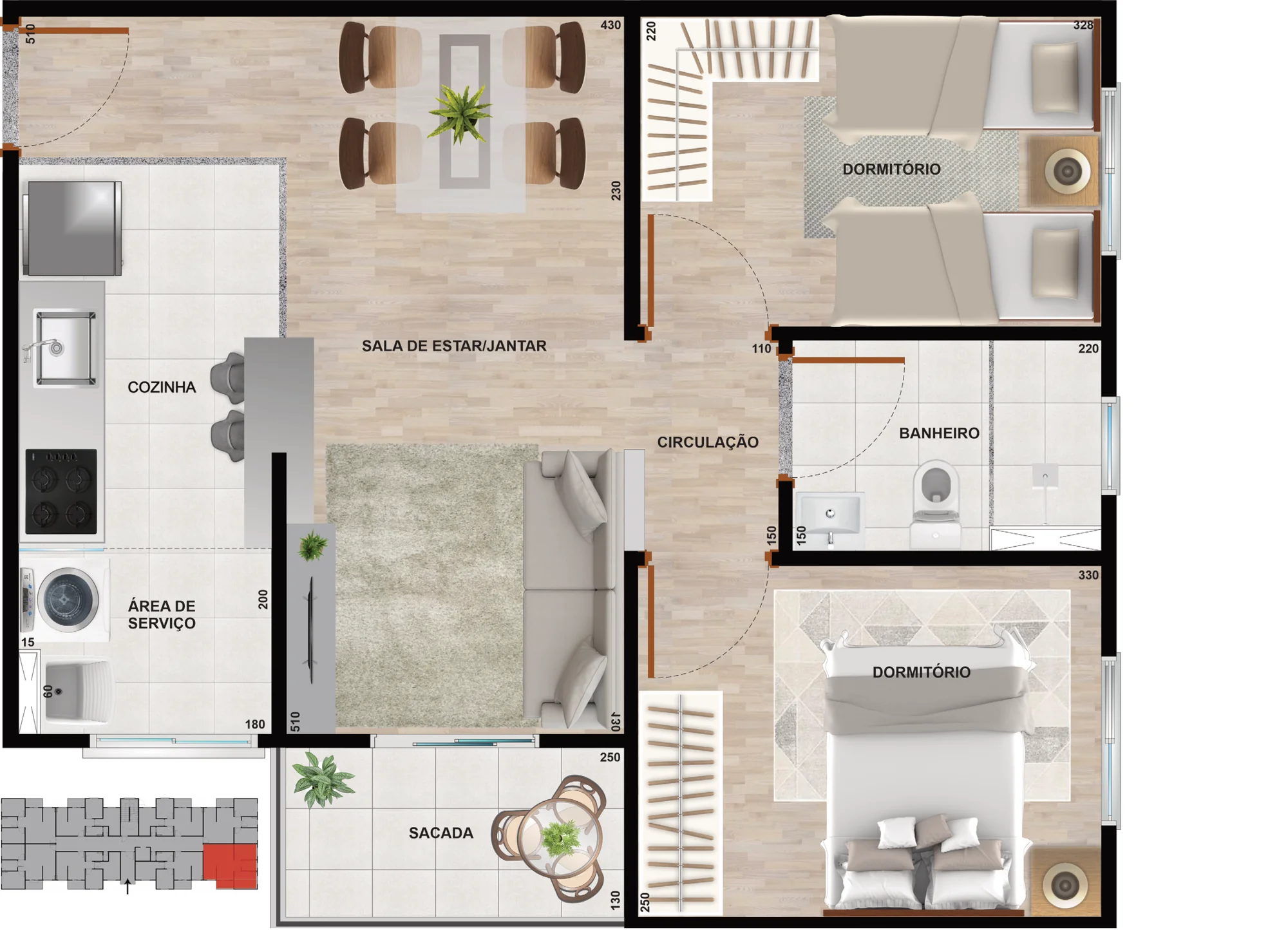 Planta baixa Tipo B do Residencial Cittrino Maringá, 49,01 m², 2 quartos, sala ampla, cozinha, área de serviço e sacada