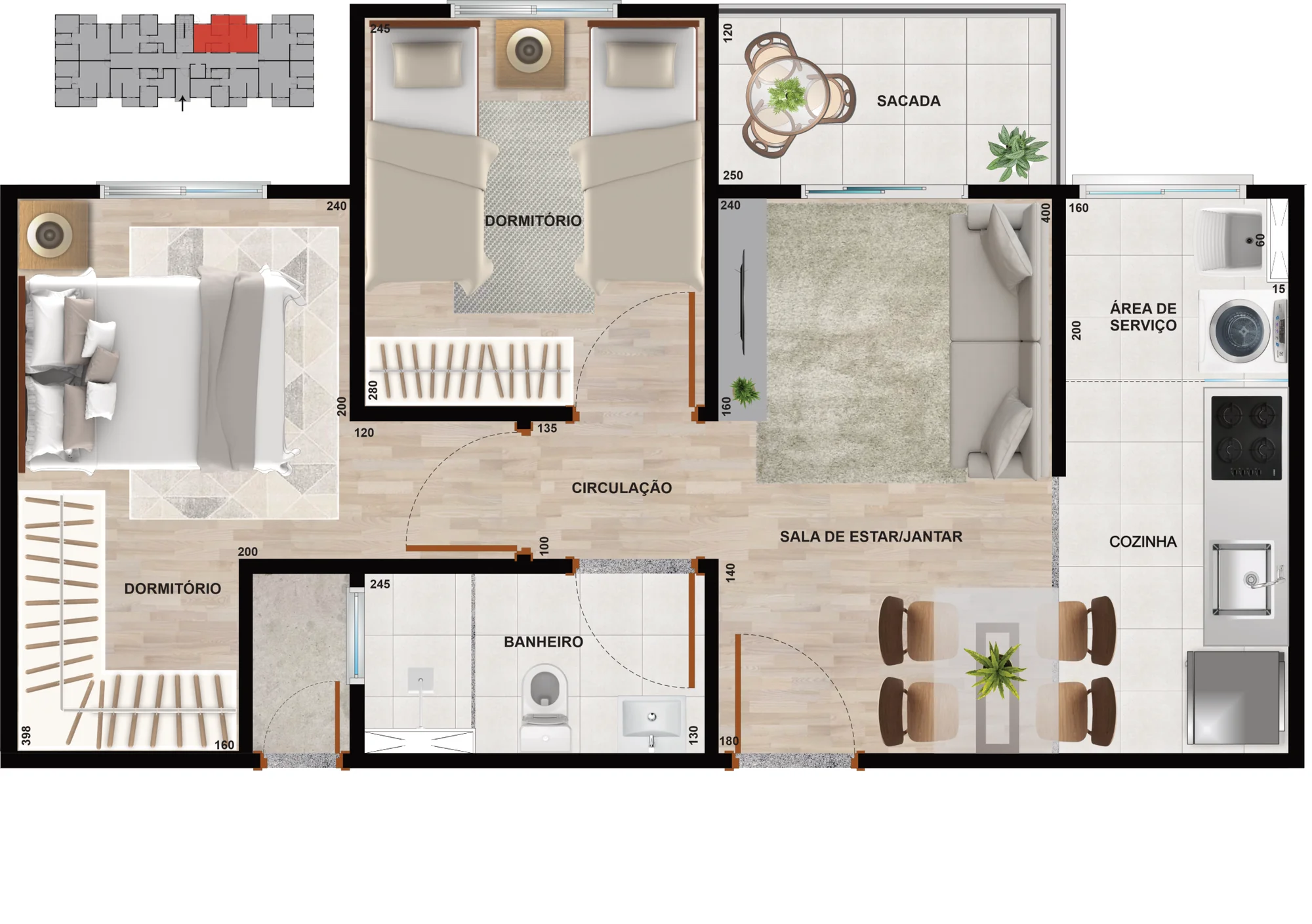 Planta baixa Tipo C do Residencial Cittrino, 44,70 m², 2 dormitórios, banheiro, sala de estar e jantar, cozinha e sacada