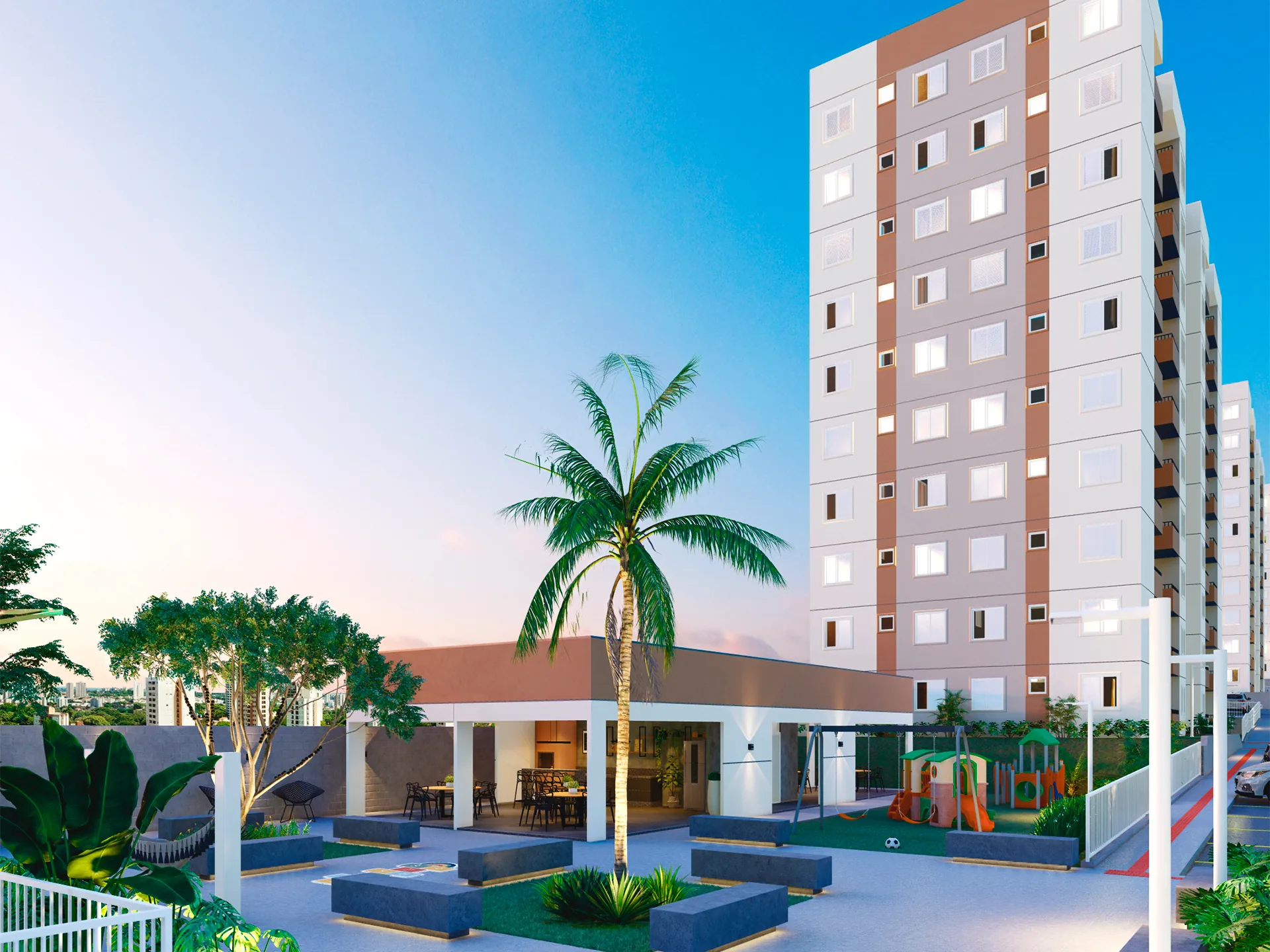 Praça de acesso com palmeiras e paisagismo no Residencial Cittrino
