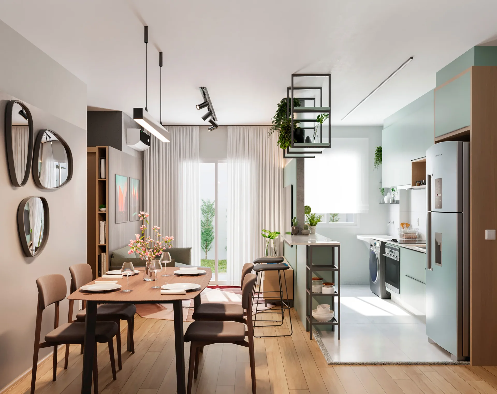 Sala de jantar integrada à cozinha no apartamento de 2 quartos do Cittrino Maringá