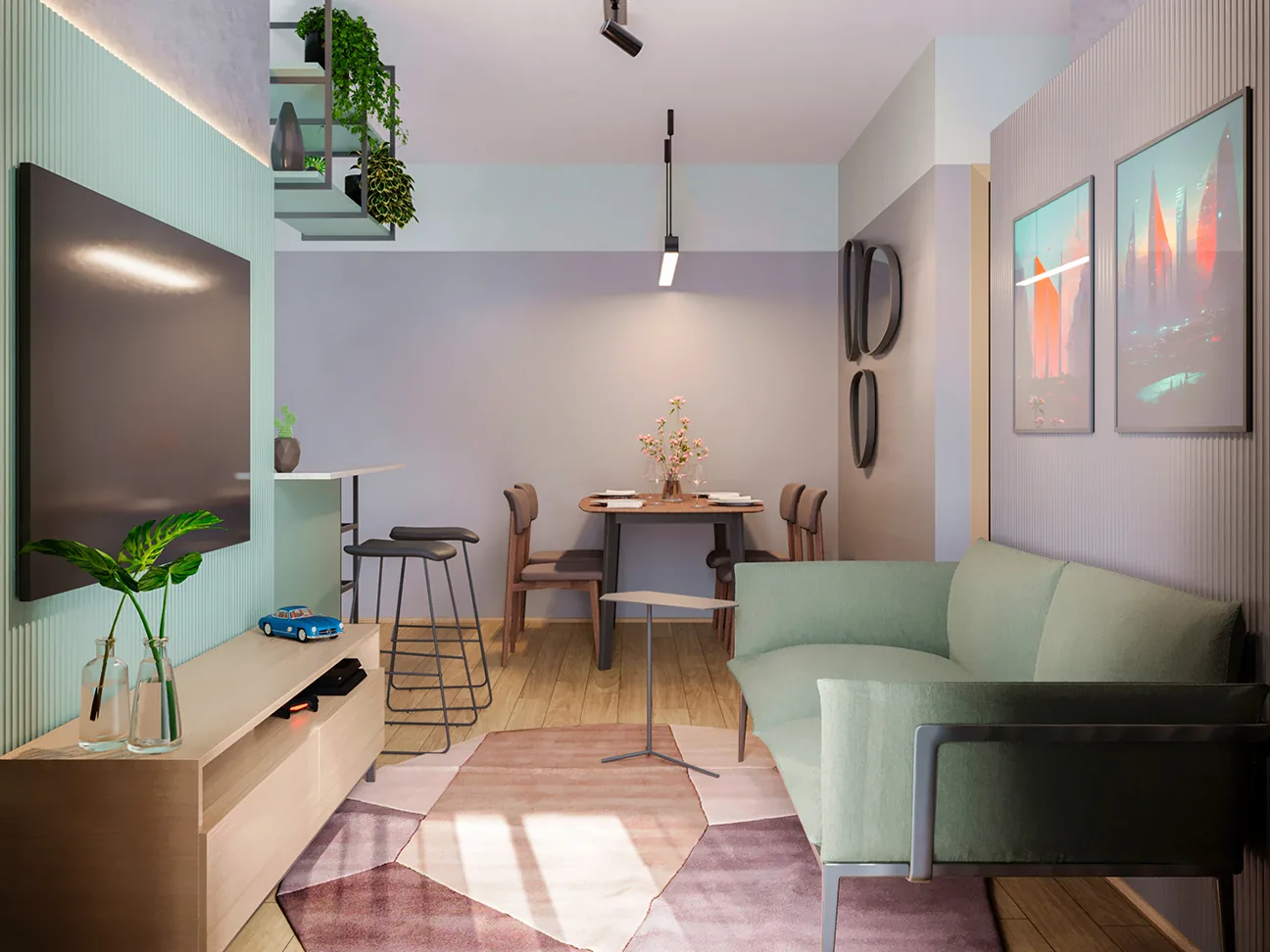 Sala de estar com painel de TV no apartamento decorado do Cittrino Maringá