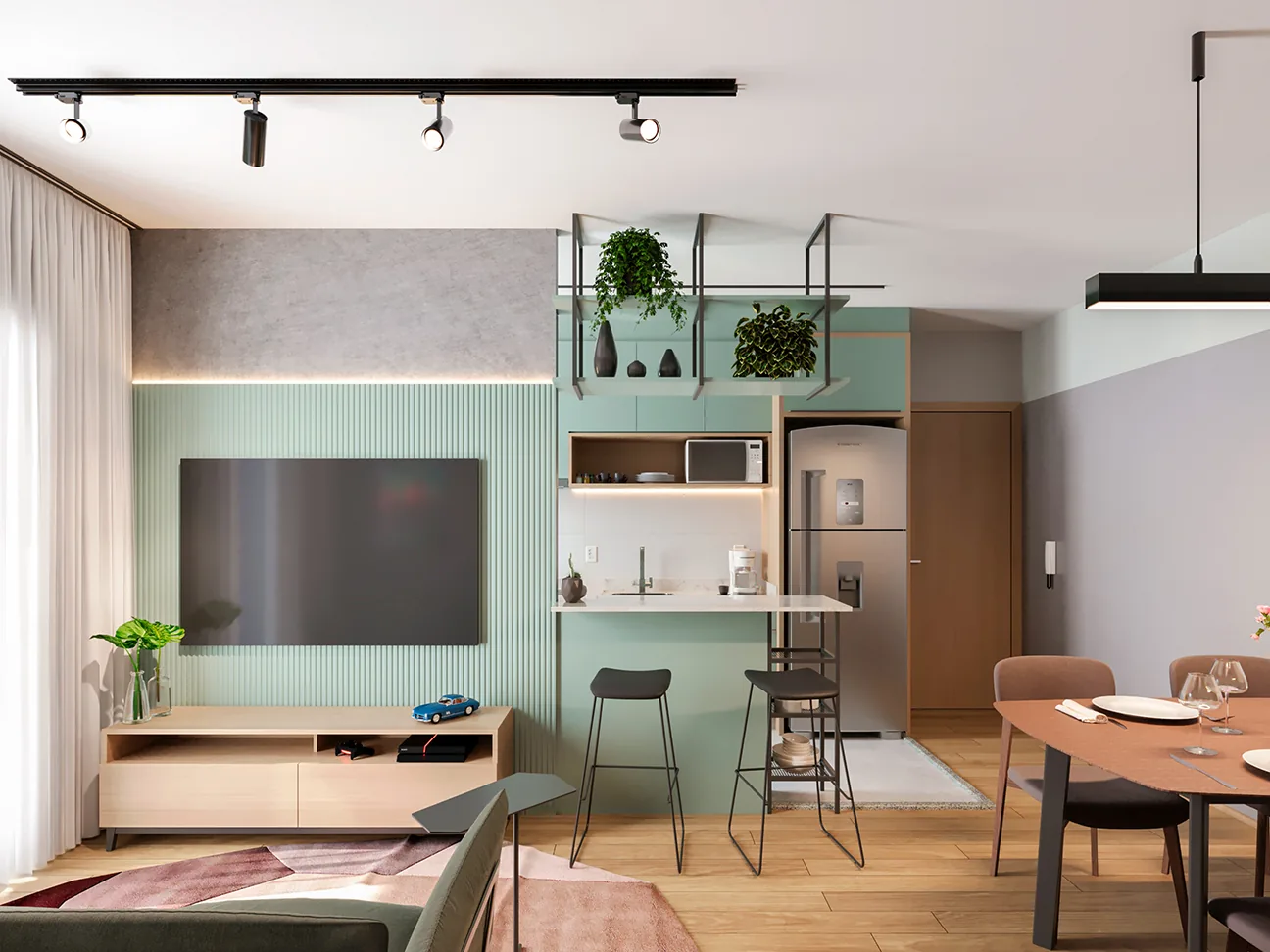 Sala de jantar integrada à cozinha no apartamento de 2 quartos do Cittrino